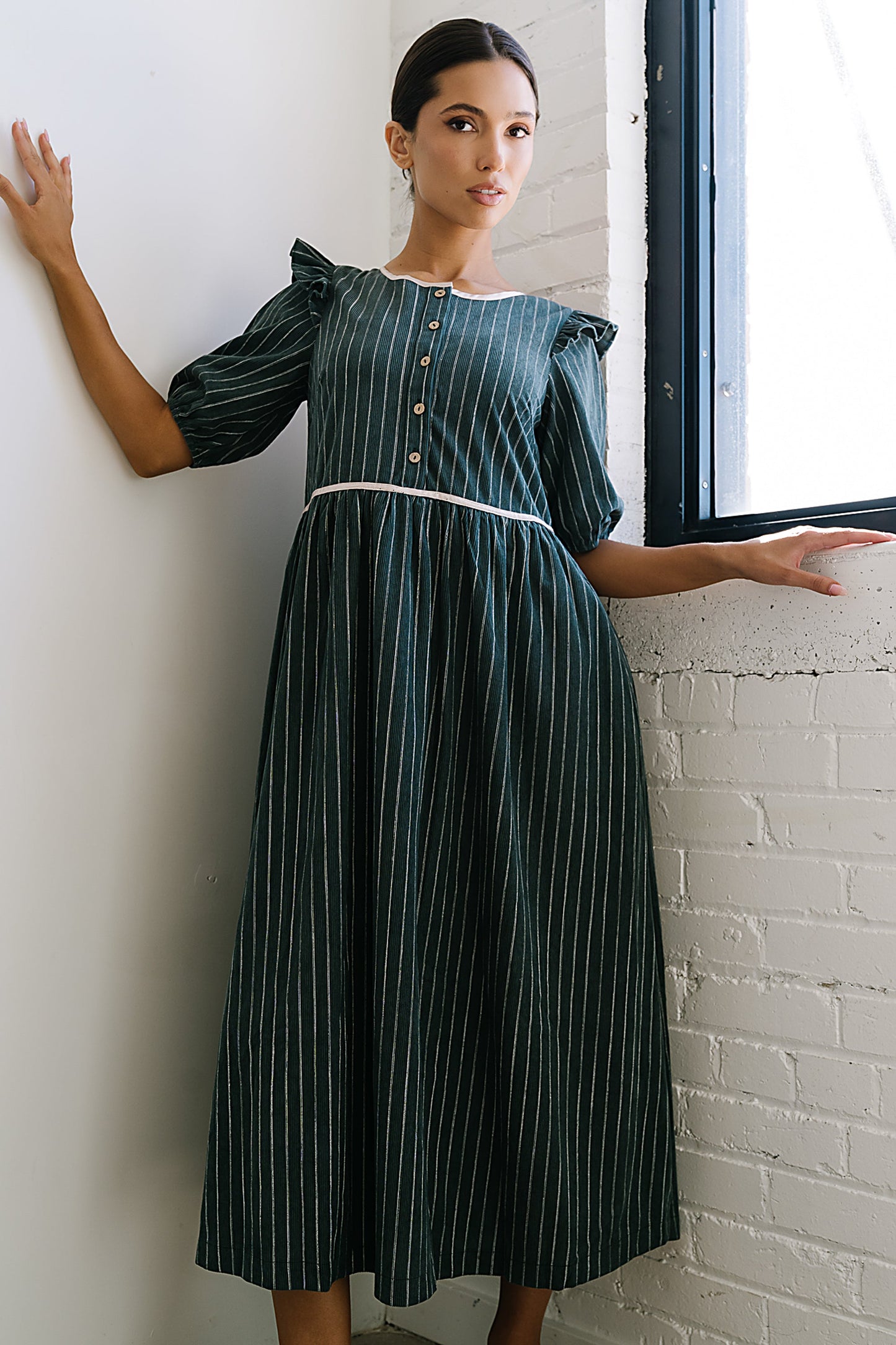 Berlin Corduroy Baby Doll Midi Dress in Green - FINAL SALE