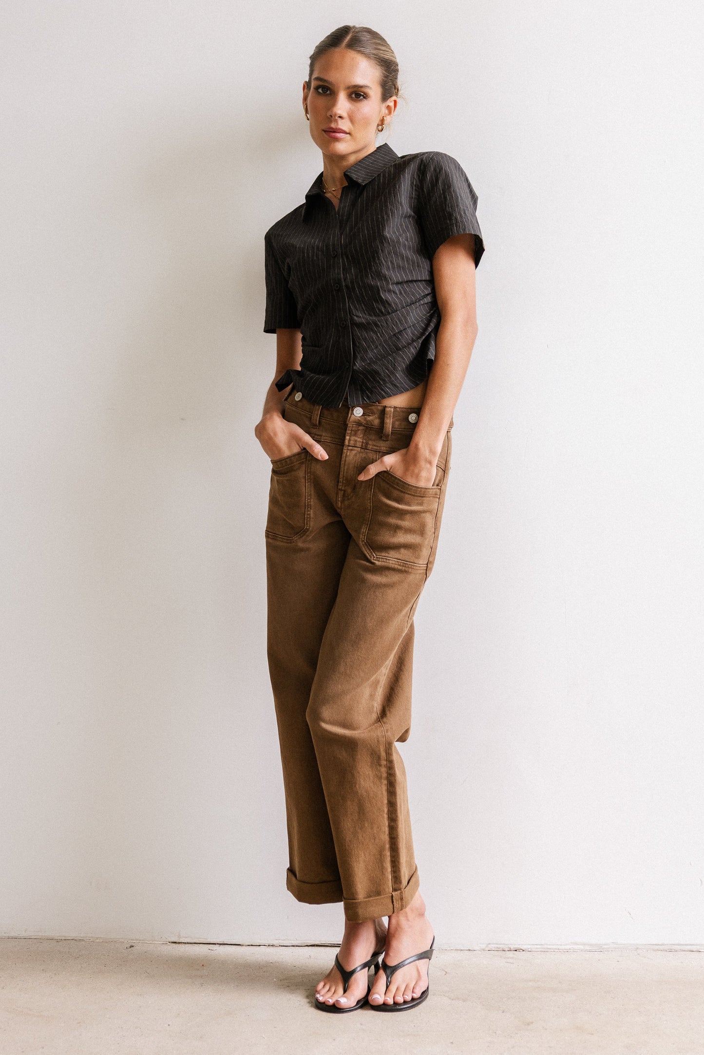 Brandy Ruched Button Up in Black - FINAL SALE