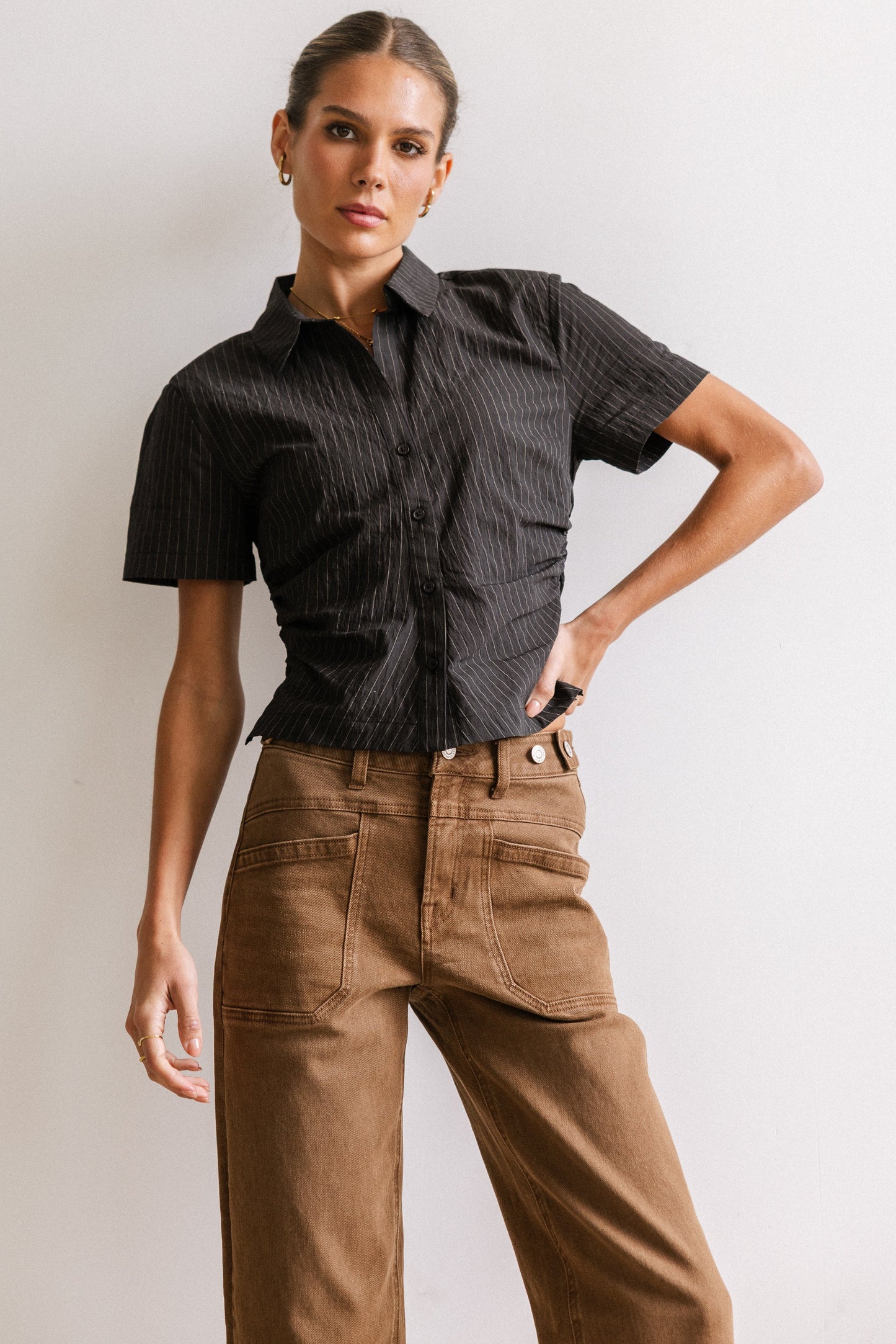Brandy Ruched Button Up in Black - FINAL SALE