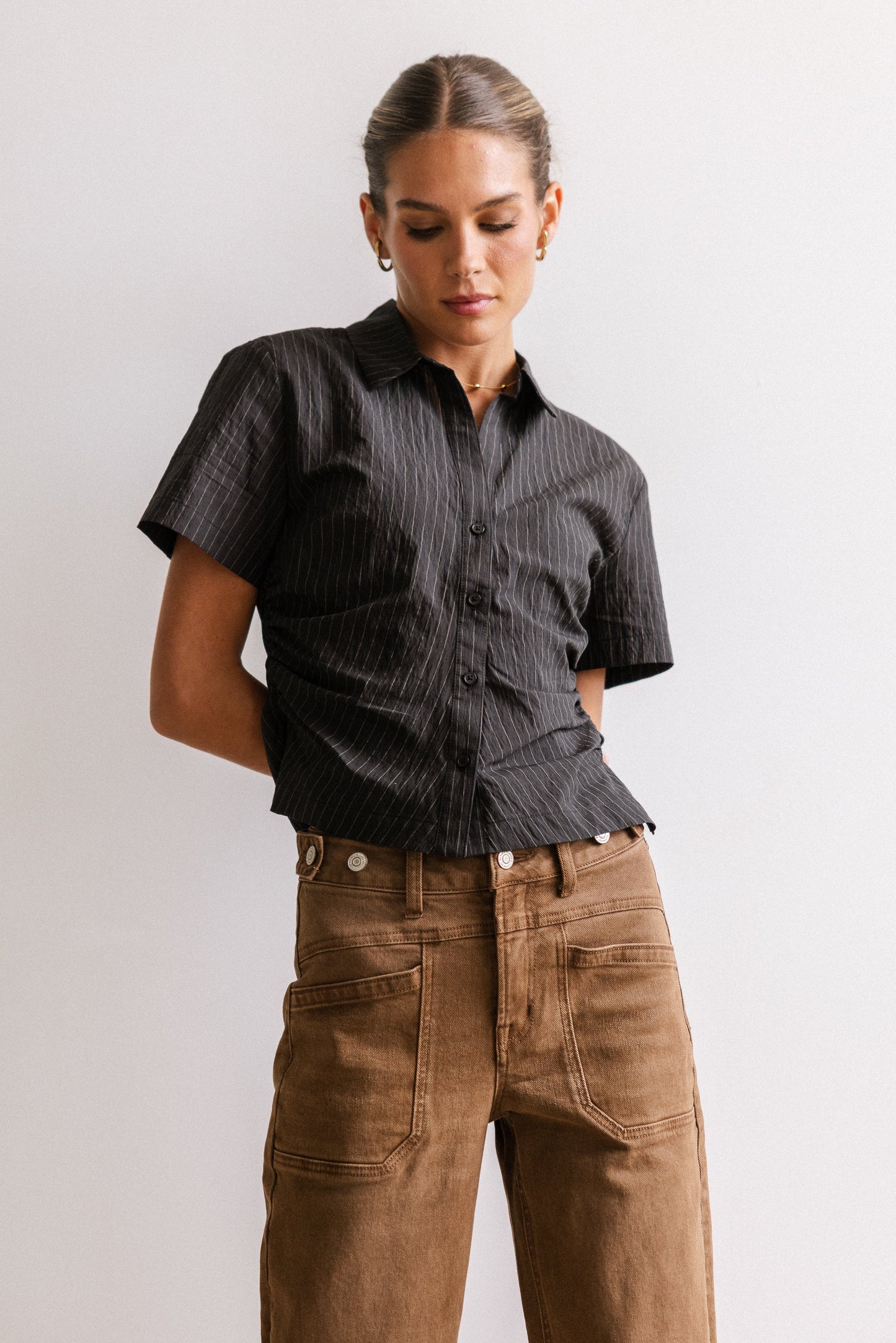 Brandy Ruched Button Up in Black - FINAL SALE