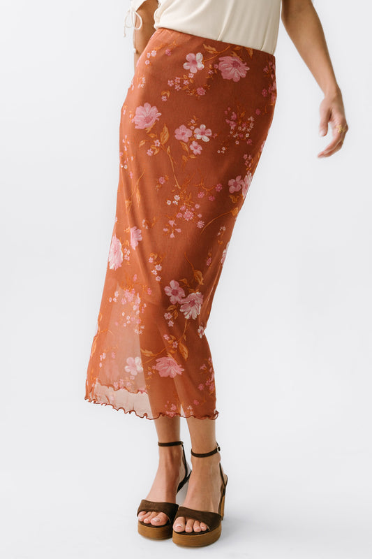 Carly Mesh Midi Skirt in Rust - FINAL SALE