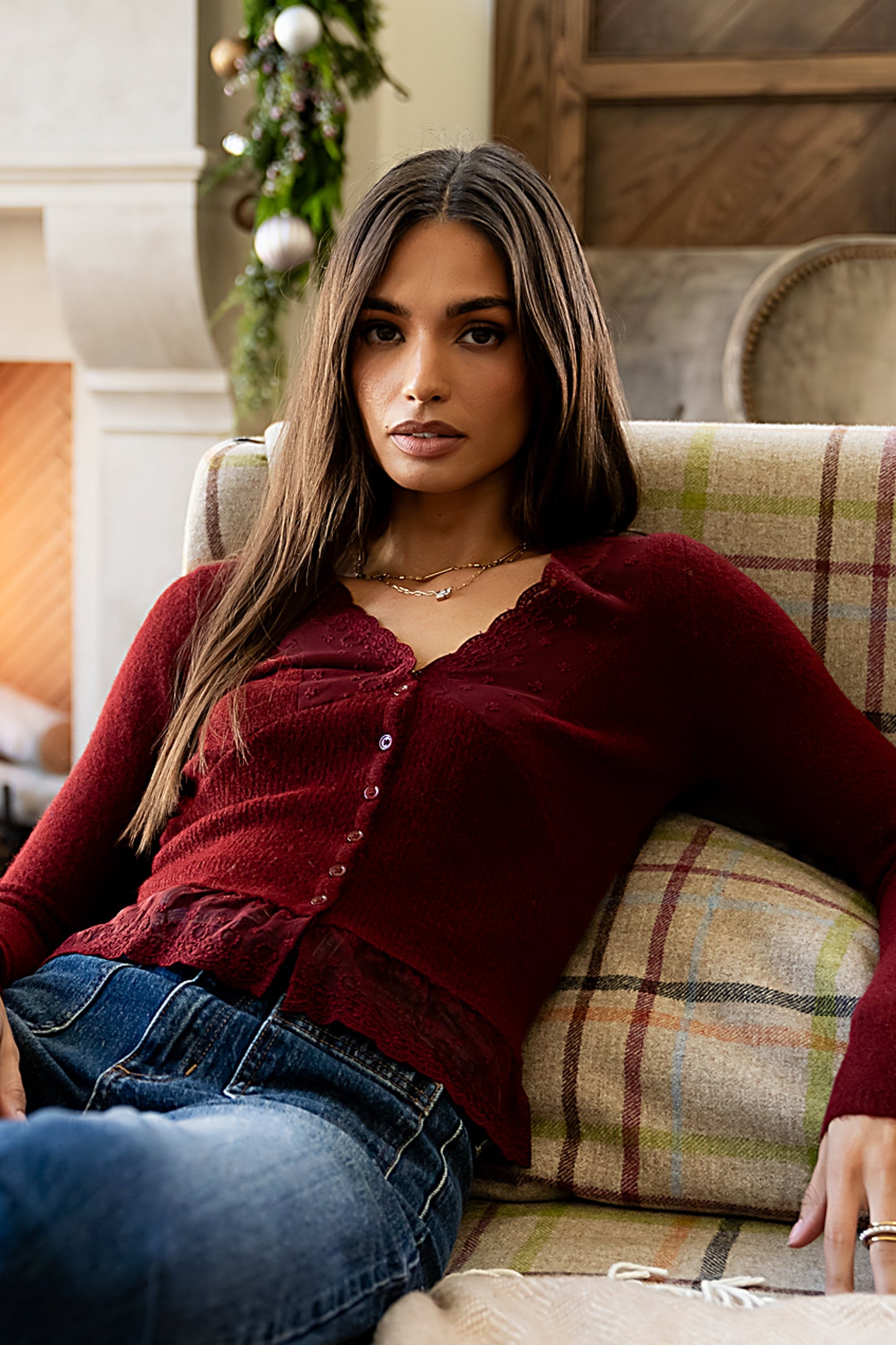 Angie Lace Trim Sweater in Red - FINAL SALE