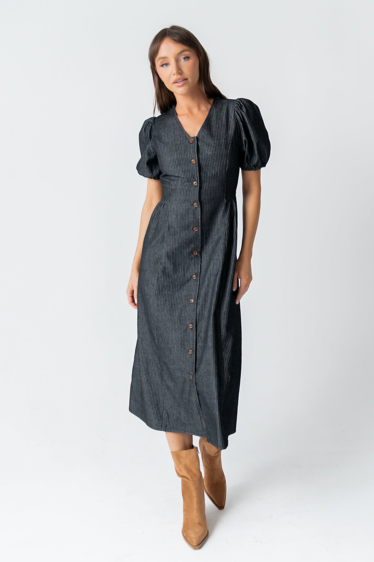 Conley Pinstripe Midi Dress in Black