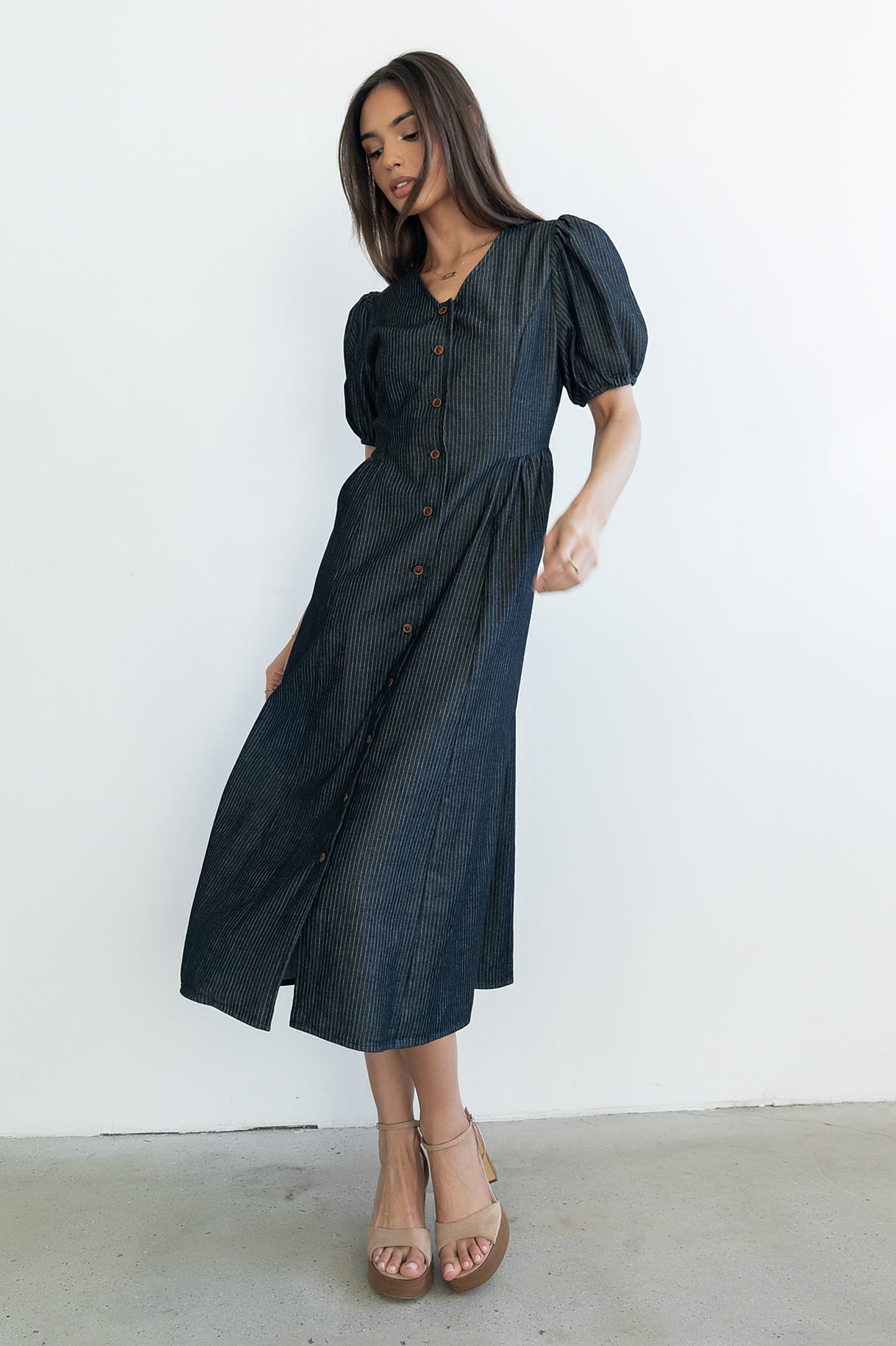 Conley Pinstripe Midi Dress in Black