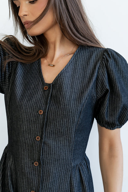 Conley Pinstripe Midi Dress in Black