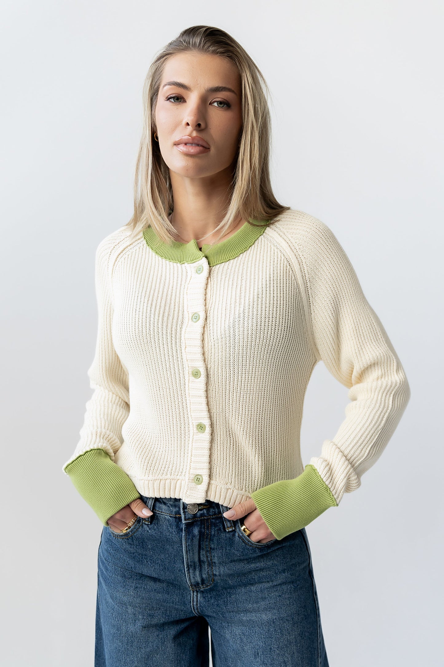 Ella Contrast Cardigan in Green - FINAL SALE