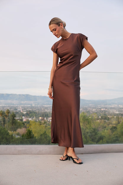Hannah Satin Maxi Dress in Brown