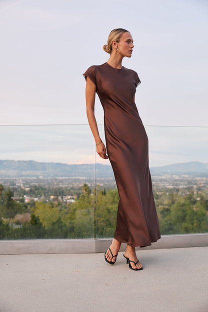 Hannah Satin Maxi Dress in Brown