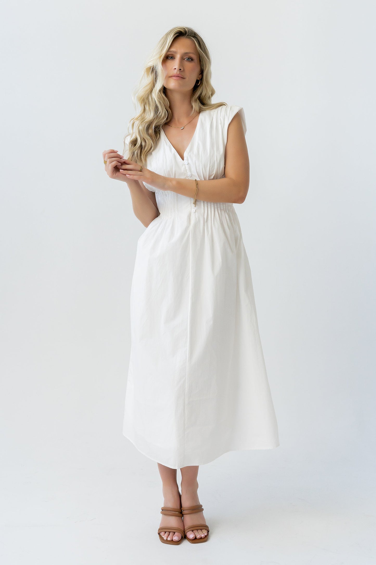 Barb Pleated Midi Dress in White