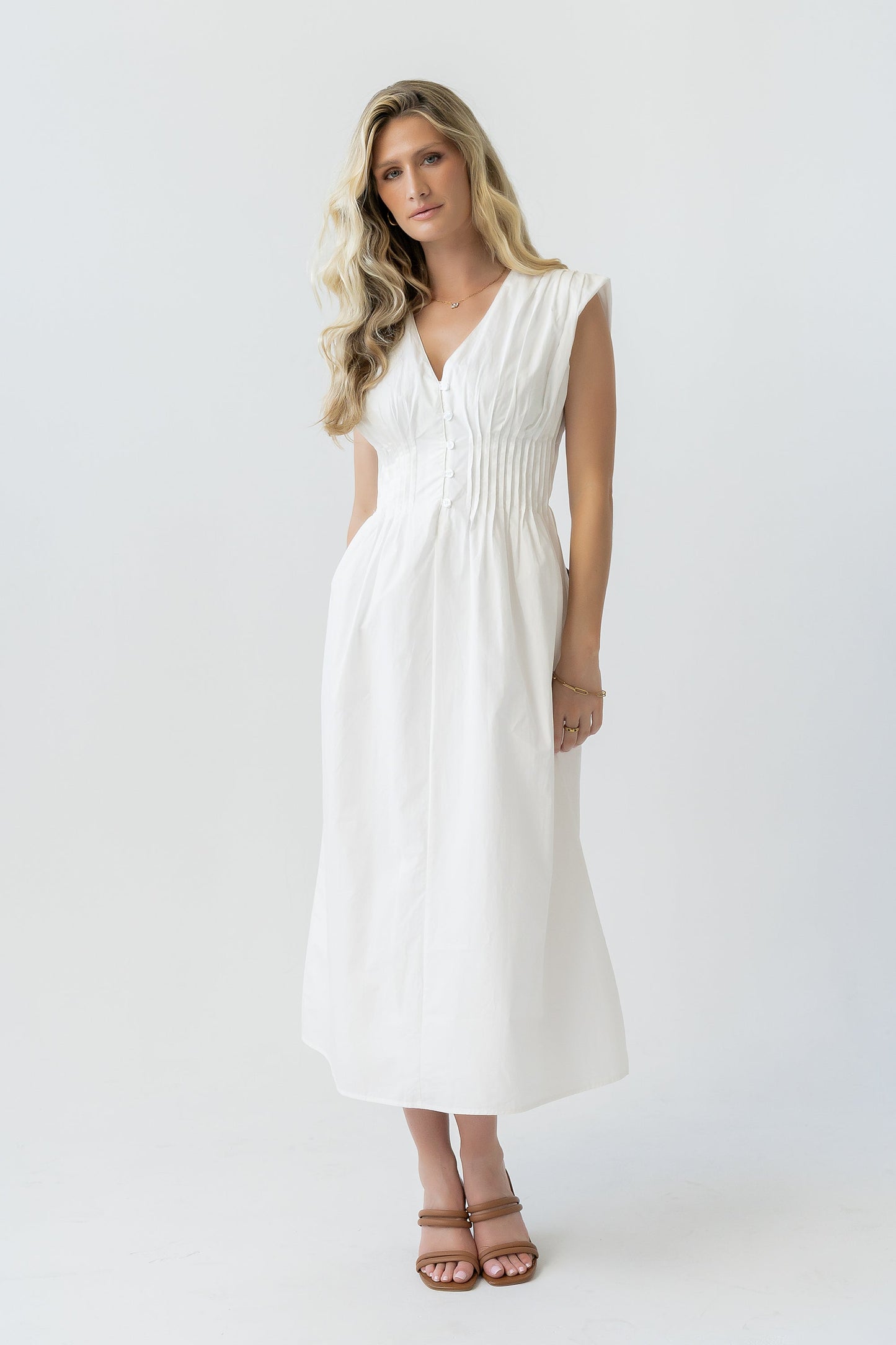 Barb Pleated Midi Dress in White