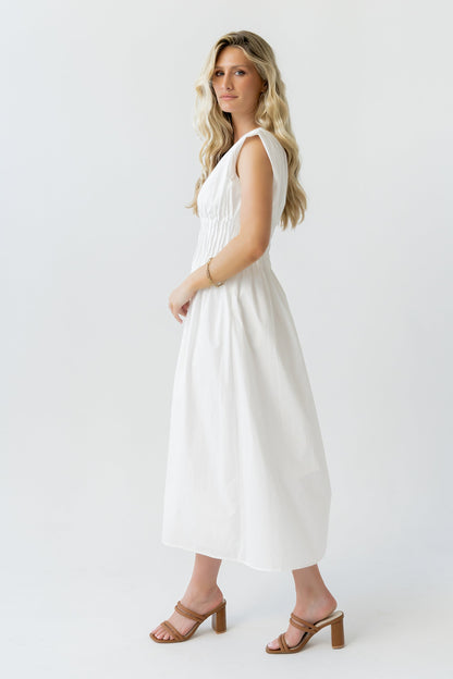 Barb Pleated Midi Dress in White