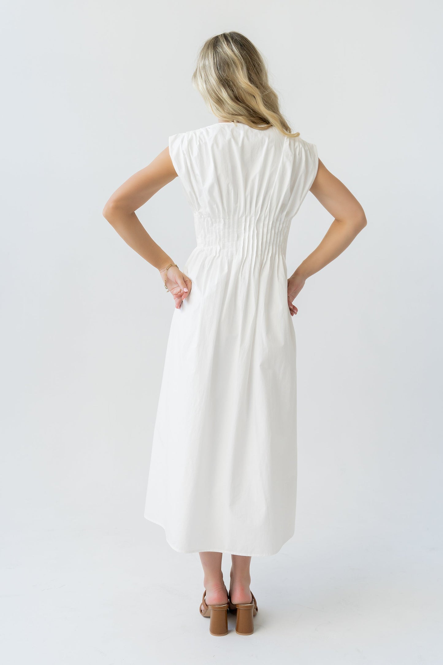 Barb Pleated Midi Dress in White