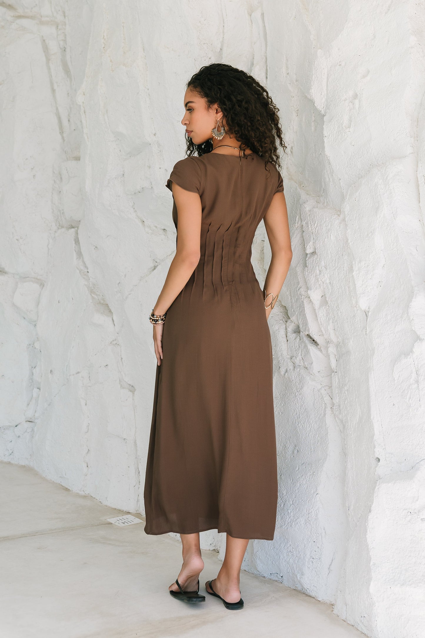 Carolina Pleated Maxi Dress in Brown