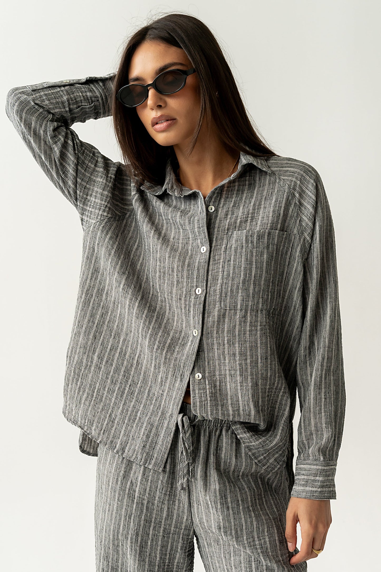 Conner Striped Button Down Top in Black
