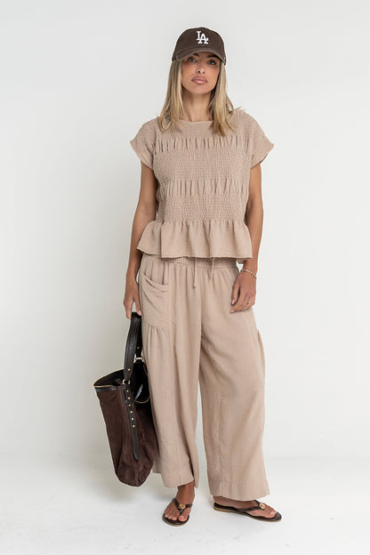 Ashton Smocked Top in Taupe