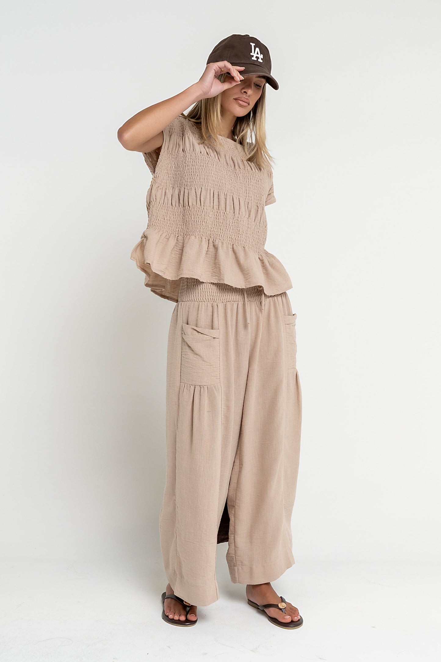 Ashton Smocked Top in Taupe
