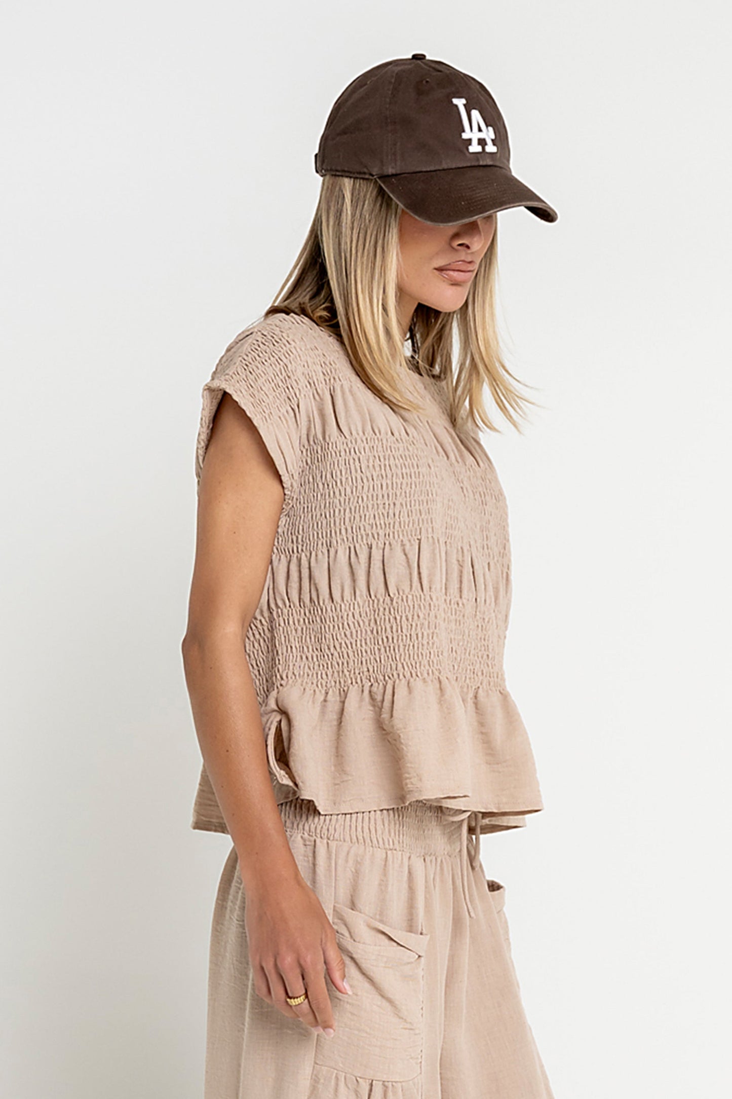 Ashton Smocked Top in Taupe