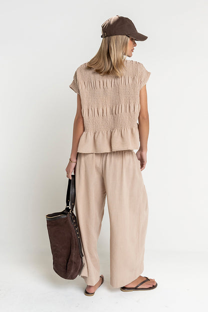 Ashton Smocked Top in Taupe