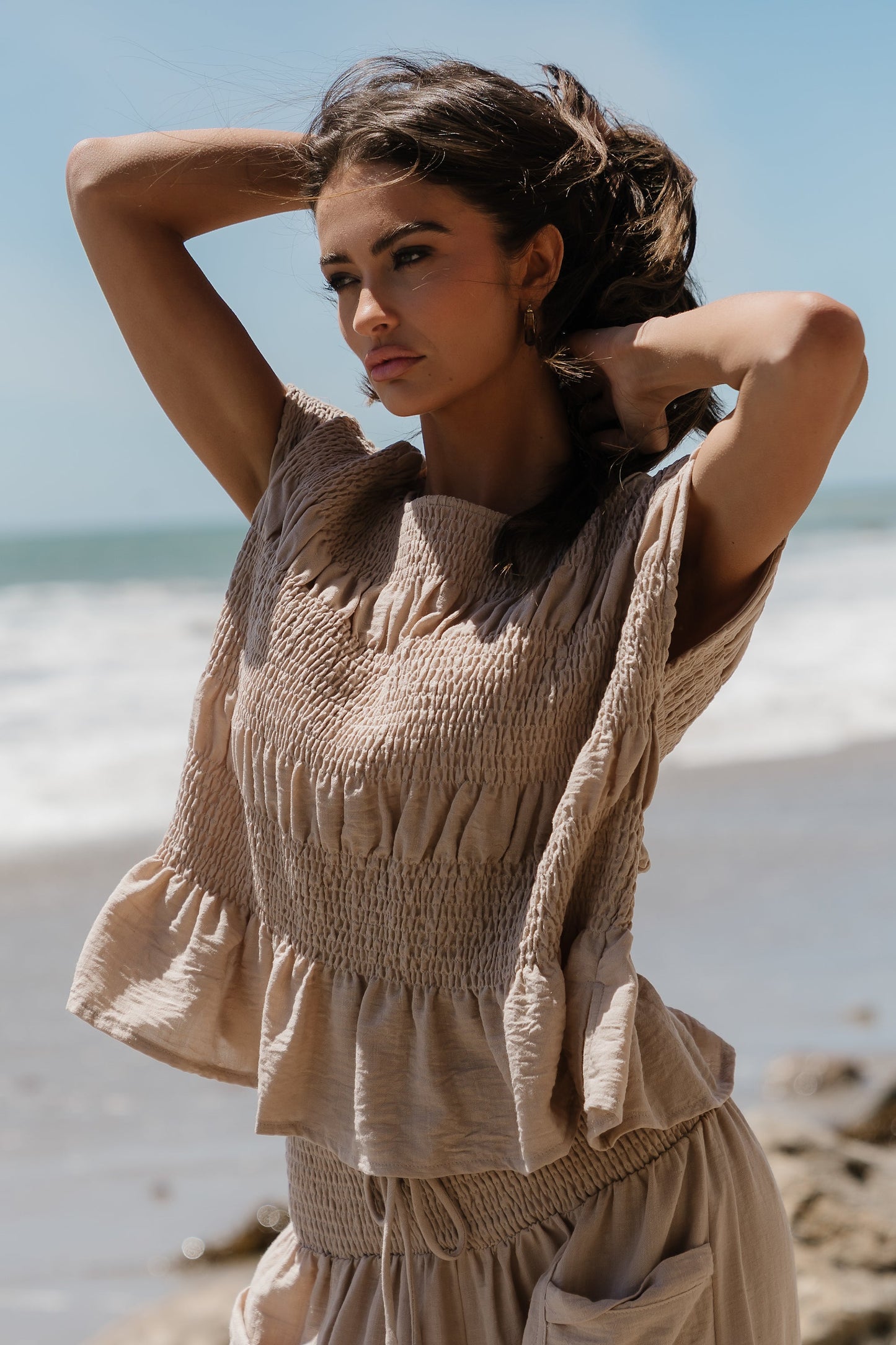 Ashton Smocked Top in Taupe