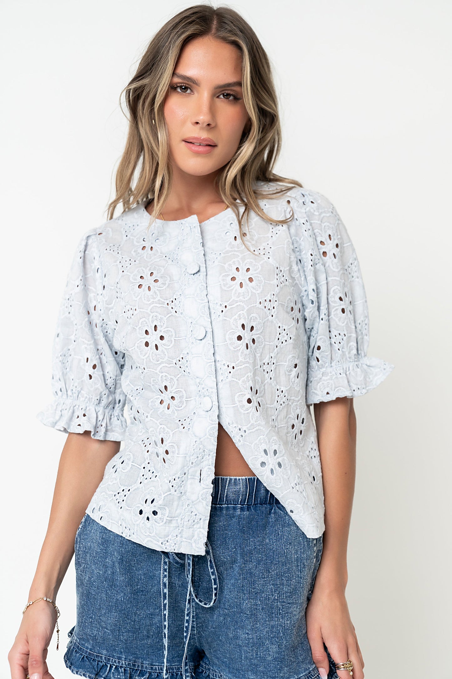 Cassidy Embroidered Button Up in Blue