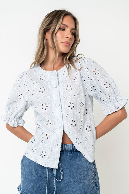 Cassidy Embroidered Button Up in Blue