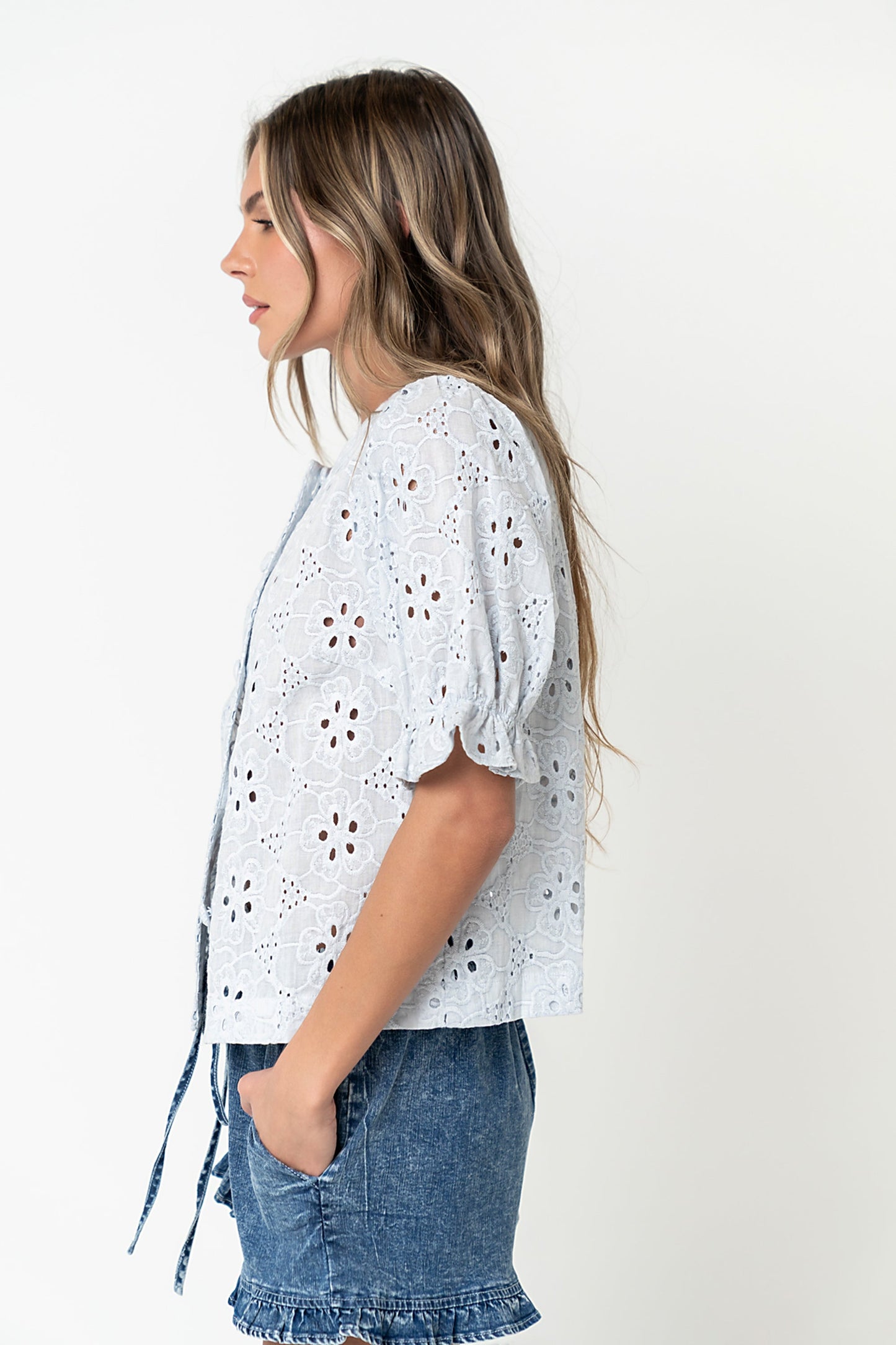 Cassidy Embroidered Button Up in Blue