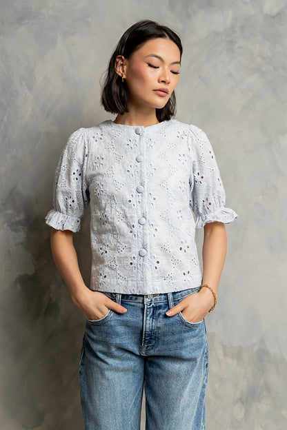 Cassidy Embroidered Button Up in Blue