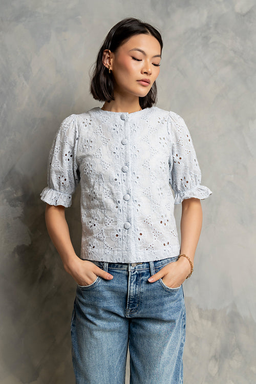 Cassidy Embroidered Button Up in Blue