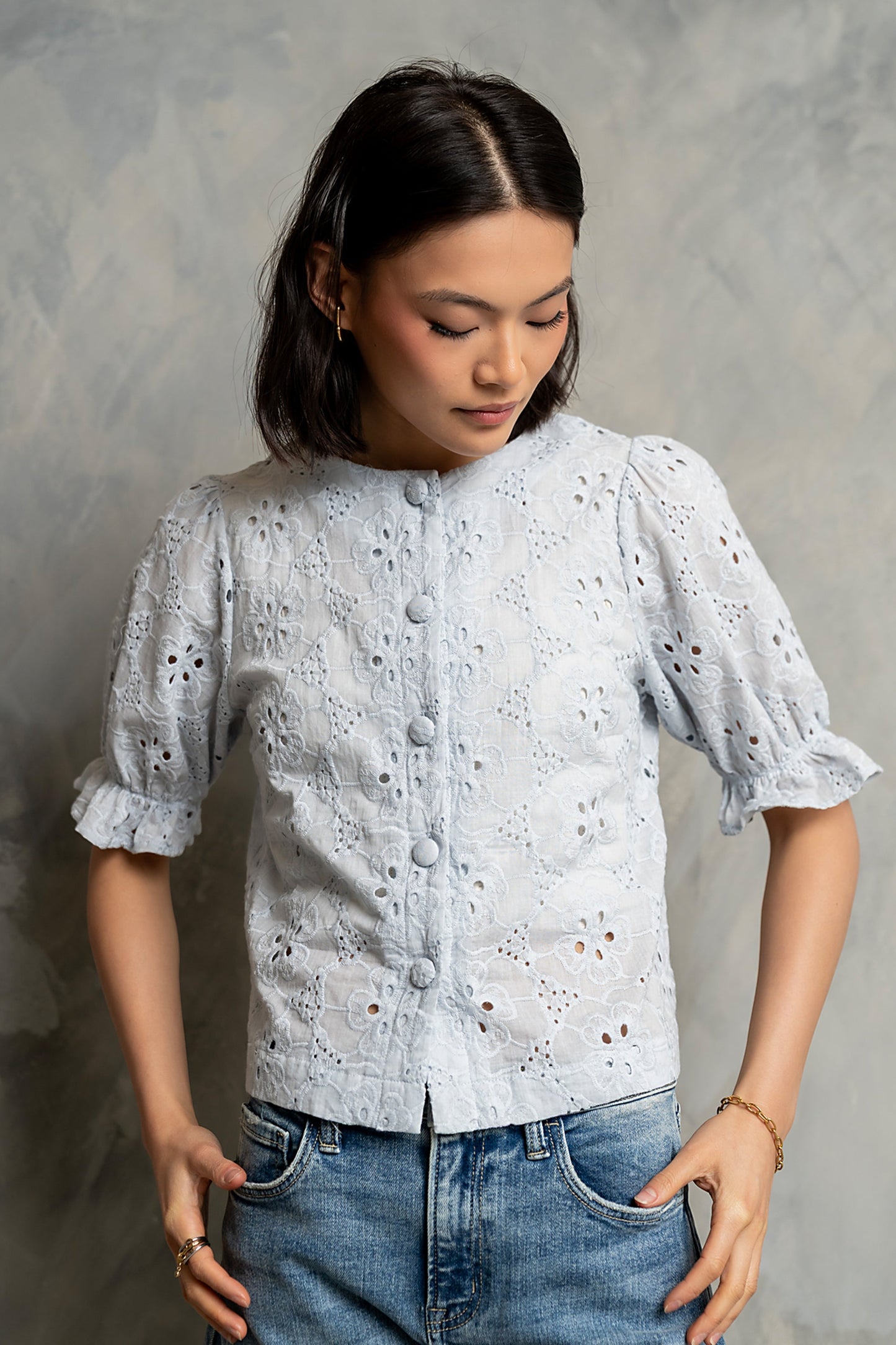Cassidy Embroidered Button Up in Blue