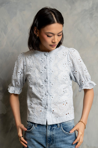 Cassidy Embroidered Button Up in Blue