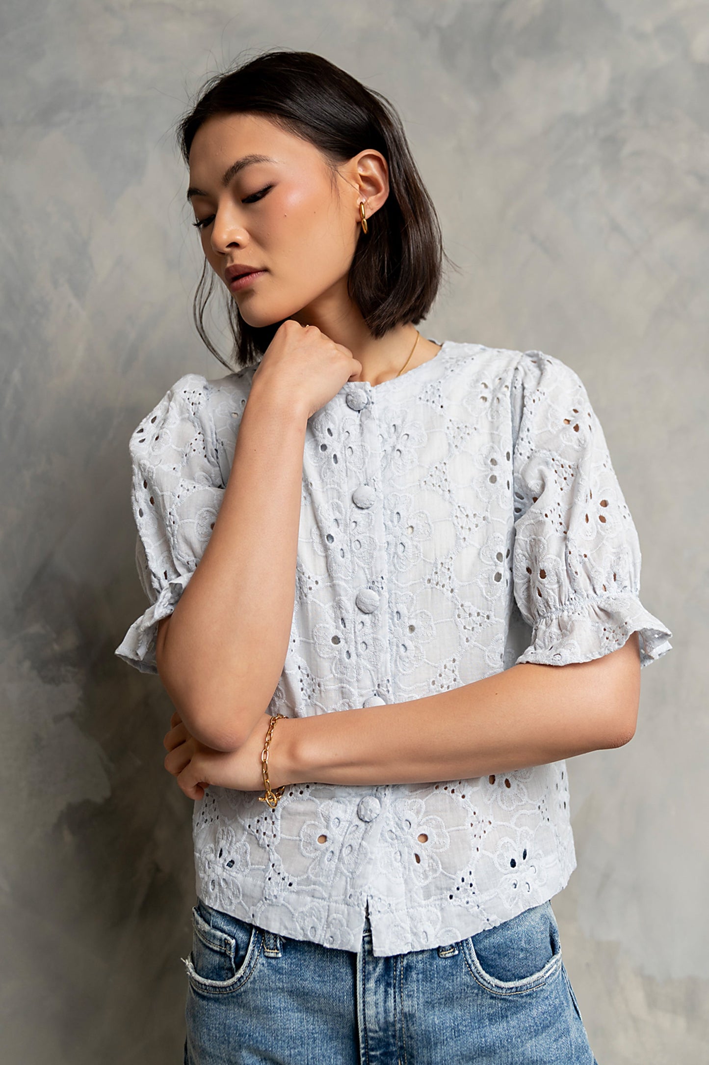 Cassidy Embroidered Button Up in Blue