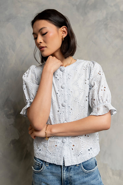 Cassidy Embroidered Button Up in Blue