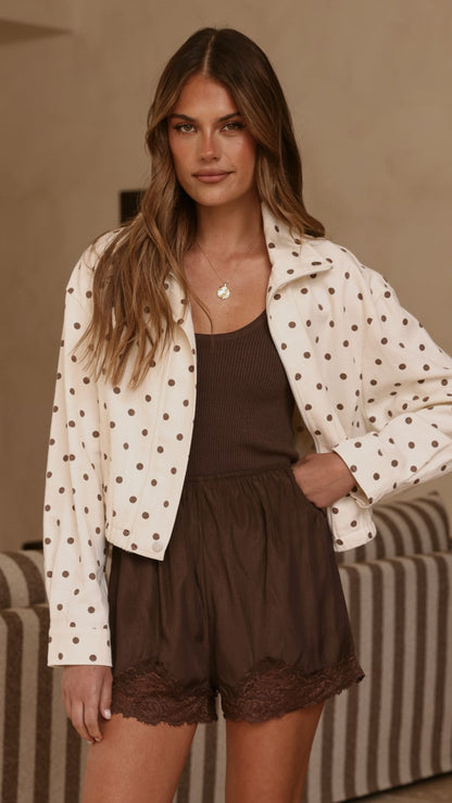 Nessie Funnel Neck Jacket - Cream/Chocolate Polka