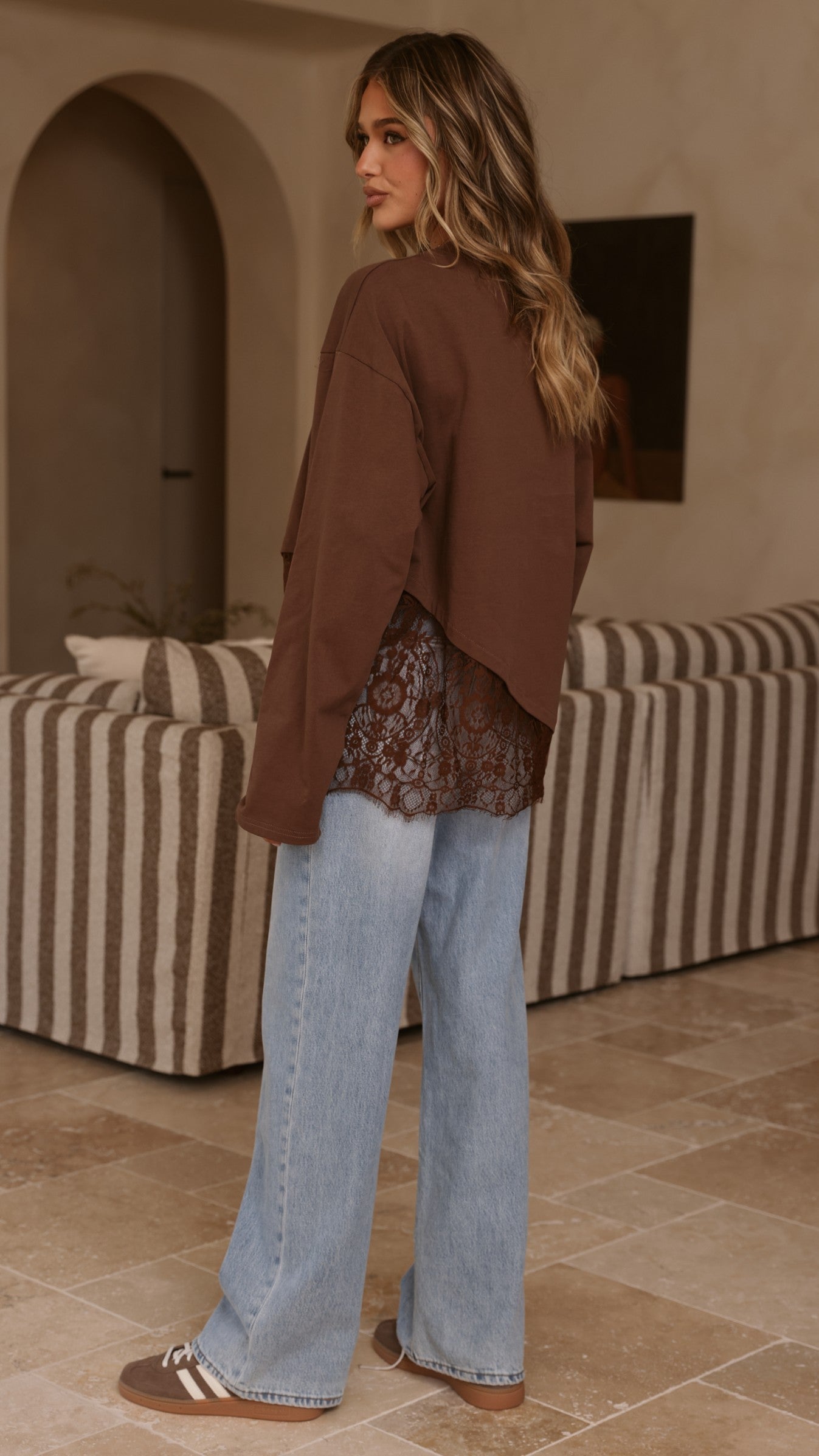 Javi Long Sleeve Lace Top - Brown