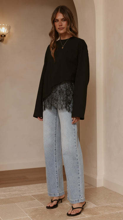 Javi Long Sleeve Lace Top - Black