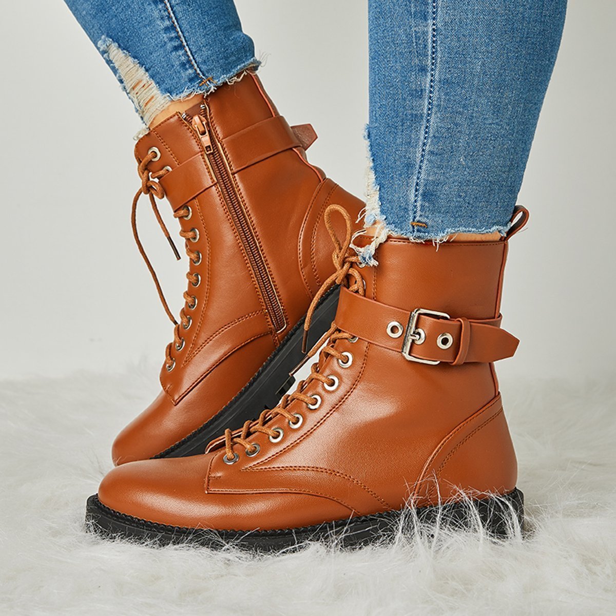 Buckle Combat Leather Boots