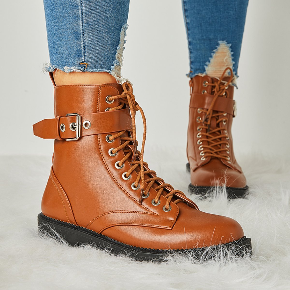 Buckle Combat Leather Boots