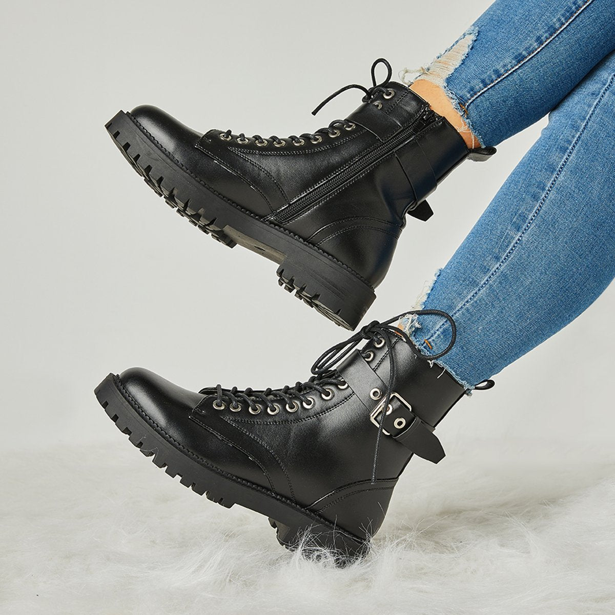Buckle Combat Leather Boots