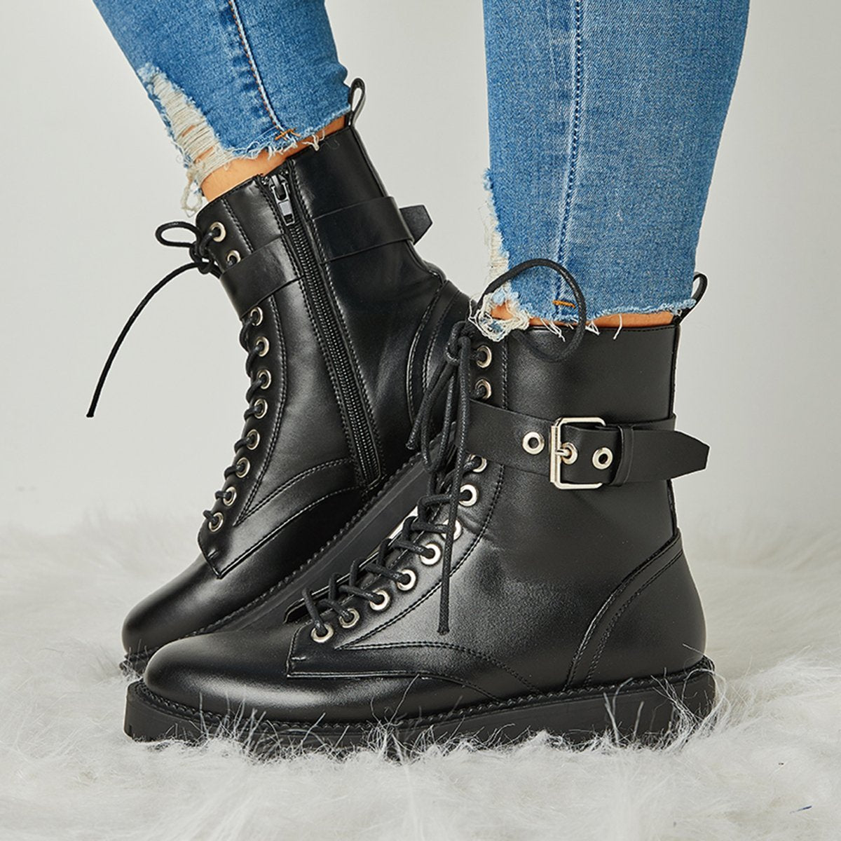 Buckle Combat Leather Boots