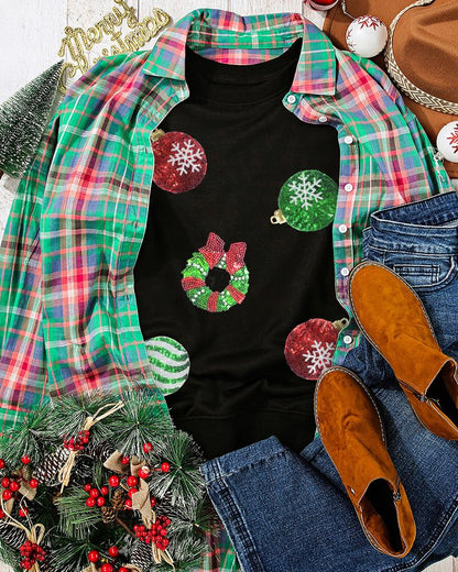 Christmas Wreath Bowknot Pattern Contrast Sequin Sweatshirt