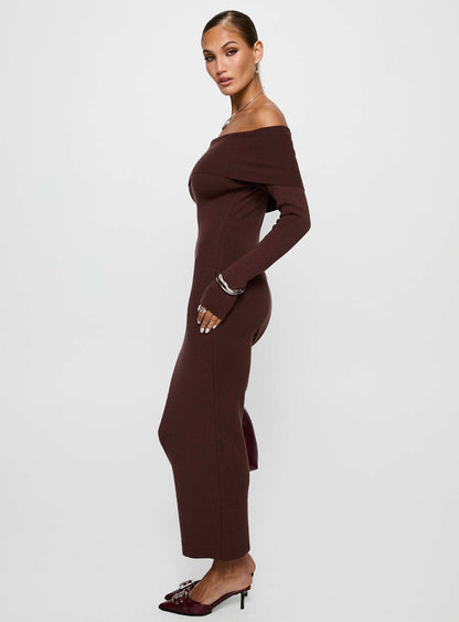 Celestara Long Sleeve Off Shoulder Maxi Dress Chocolate