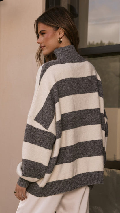 Harita Knitted Sweater - Grey/Cream Stripe