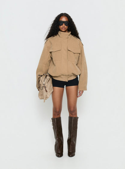 Double Life Funnel Neck Cargo Jacket Beige