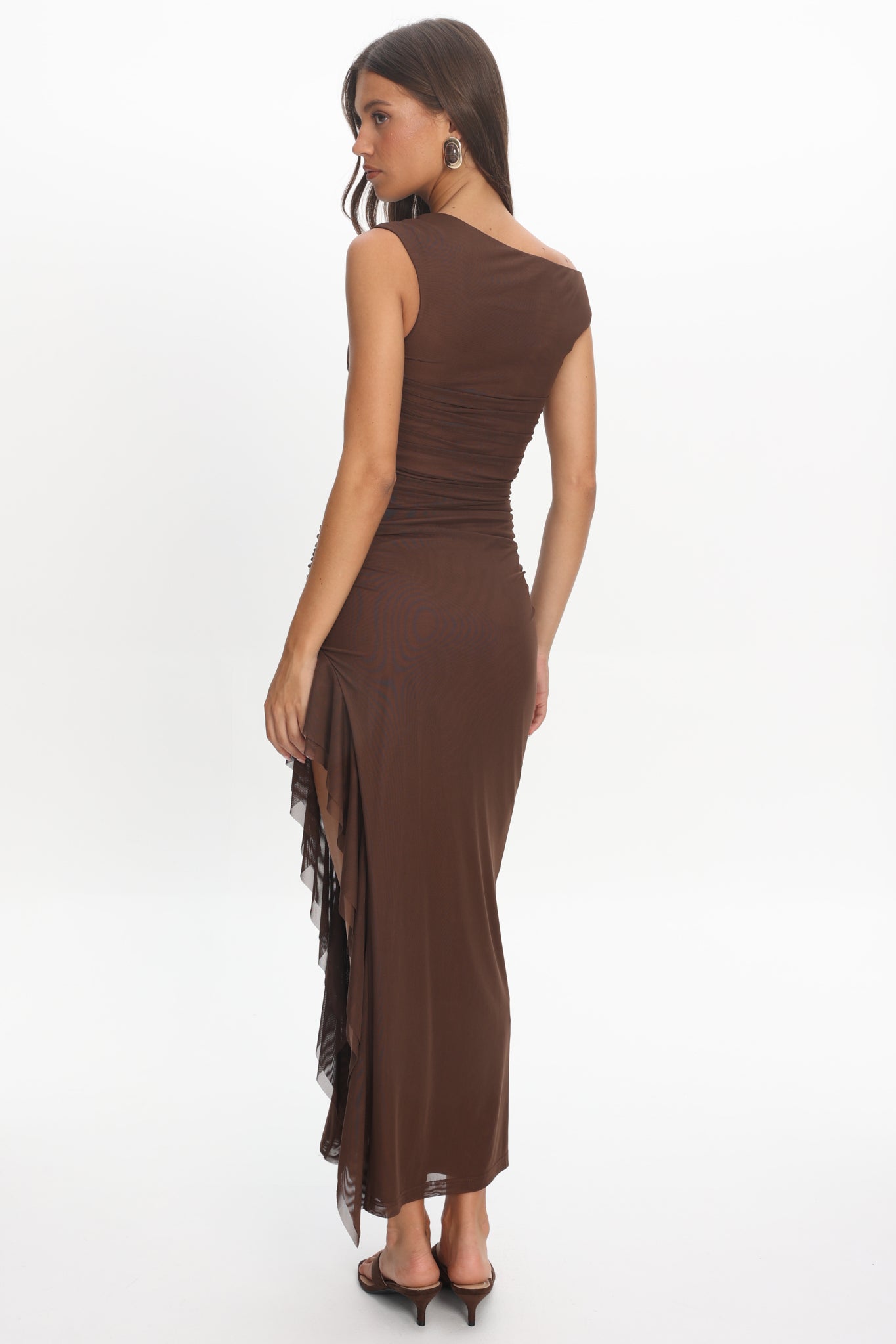 Moonlit Magic Asymmetric Neckline Slit Maxi Dress Chocolate
