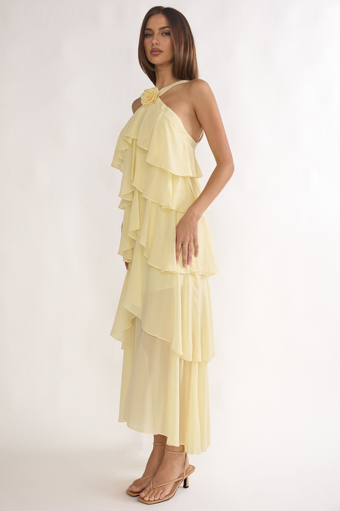 Darylyn Tiered Ruffle Rosette Maxi Dress Yellow