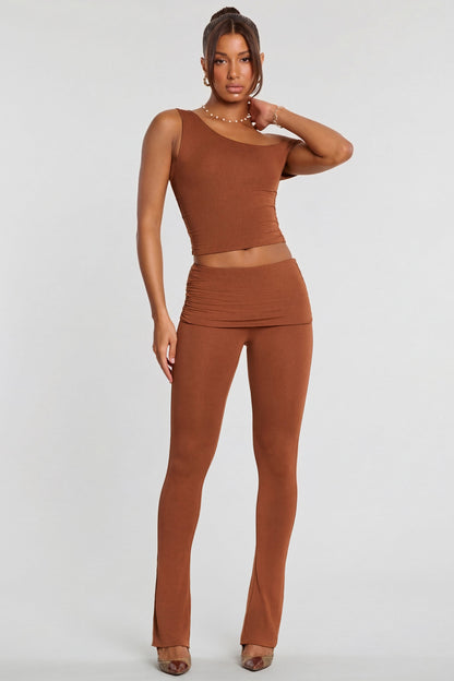 Mid Rise Modal Cashmere Blend Trousers in Chestnut Brown