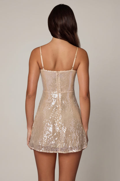Embellished V-neck Lace Mini Dress in Pale Peach
