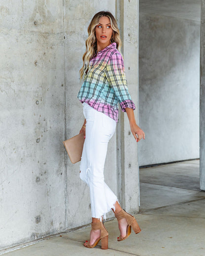 Arty Cotton Tie Dye Plaid Button Down Top