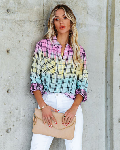 Arty Cotton Tie Dye Plaid Button Down Top