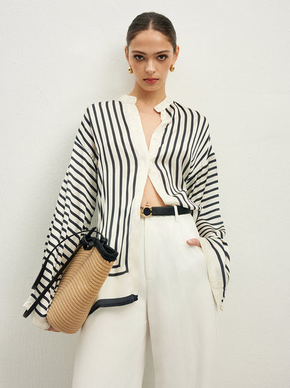 Satin Striped Button Blouse with Refined Fit